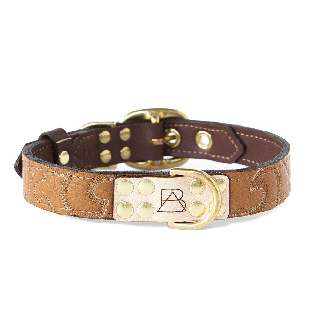 Mahogany Brown Dog Collar With Desert Sand Leather + Brown/Ivory Stitching