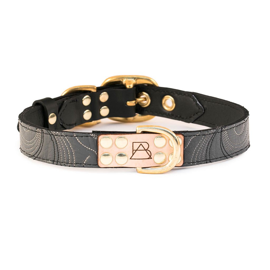Black Dog Collar with Gray Leather + Ivory and Black Stitching