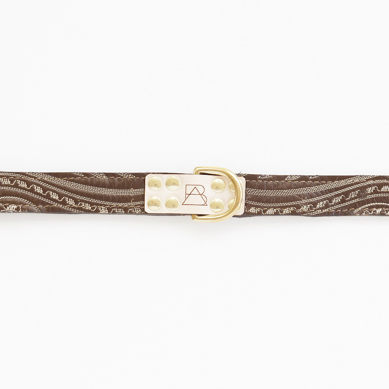 Camo Dog Collar with Chocolate Leather + Ivory Swirl Stitching (tag)