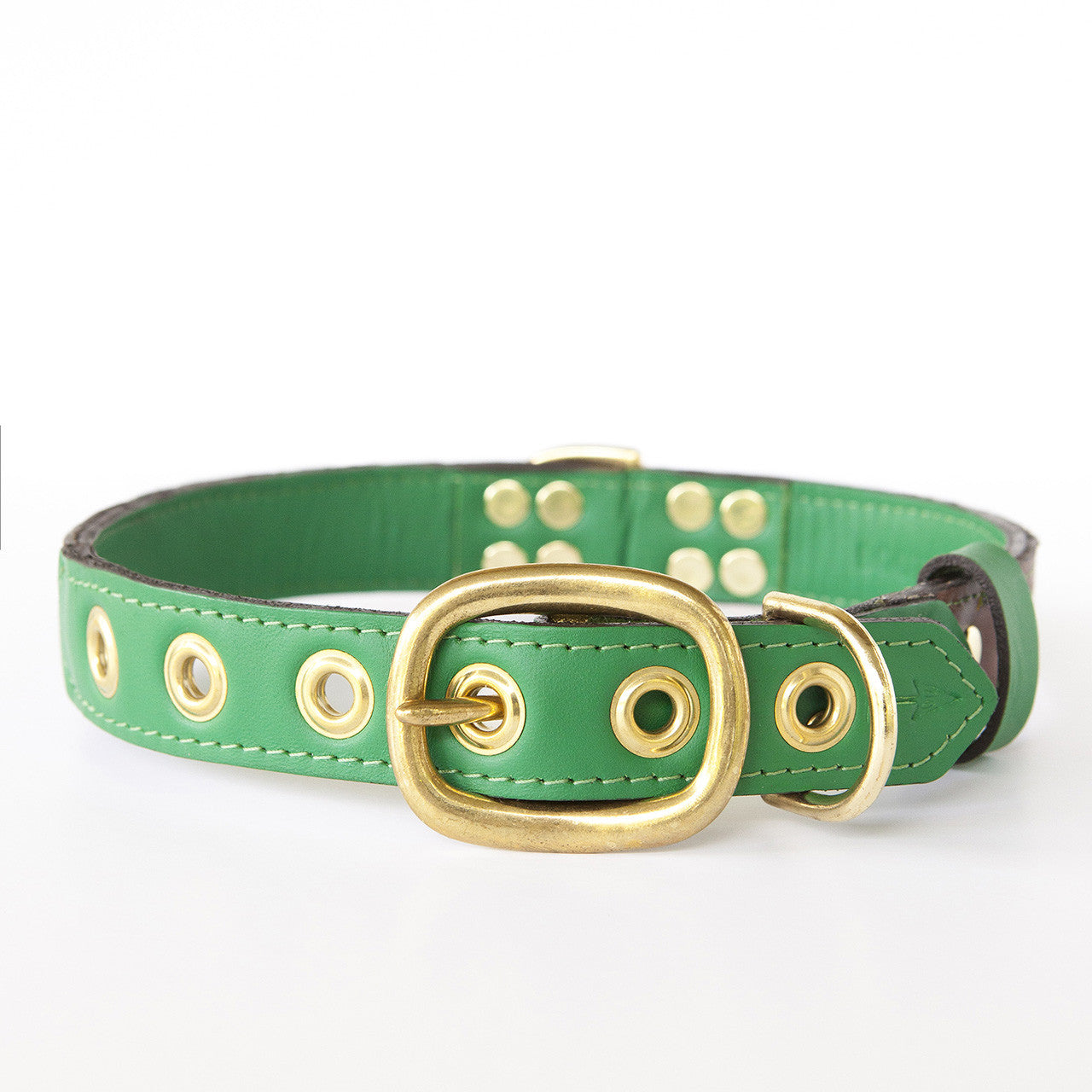 Emerald Green Dog Collar with Chocolate Leather + Green and Yellow Spike Stitching (back view)