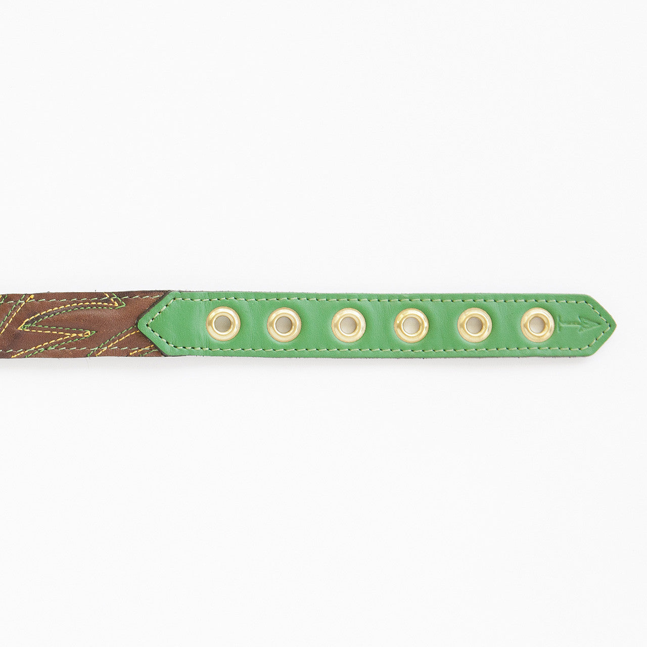 Emerald Green Dog Collar with Chocolate Leather + Green and Yellow Spike Stitching (clasp)