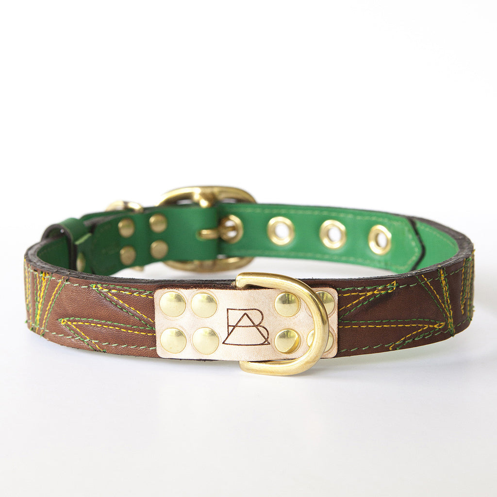 Emerald Green Dog Collar with Chocolate Leather + Green and Yellow Spike Stitching (front view)