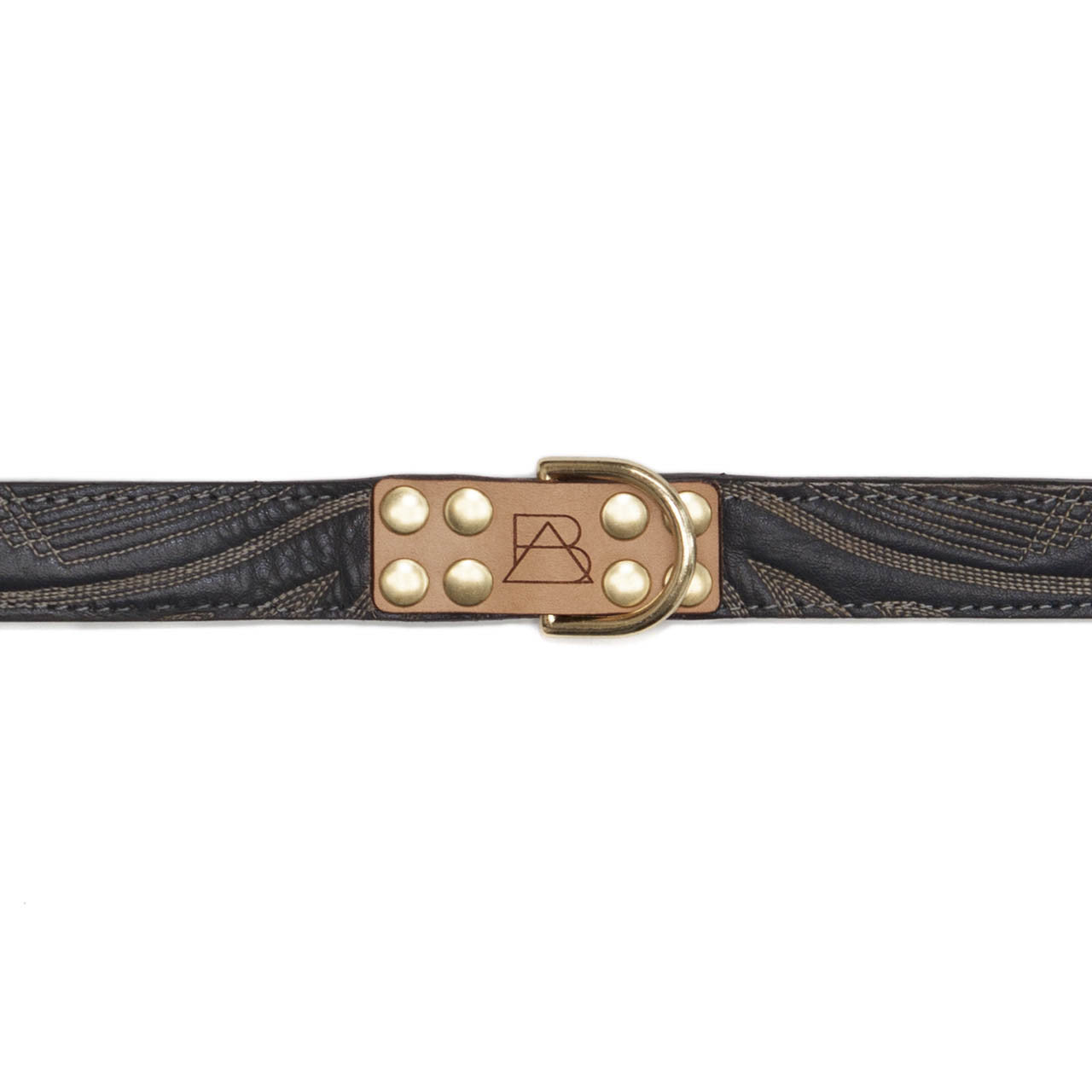 Gray Dog Collar with Navy Leather + Tan/White Stitching (tag)