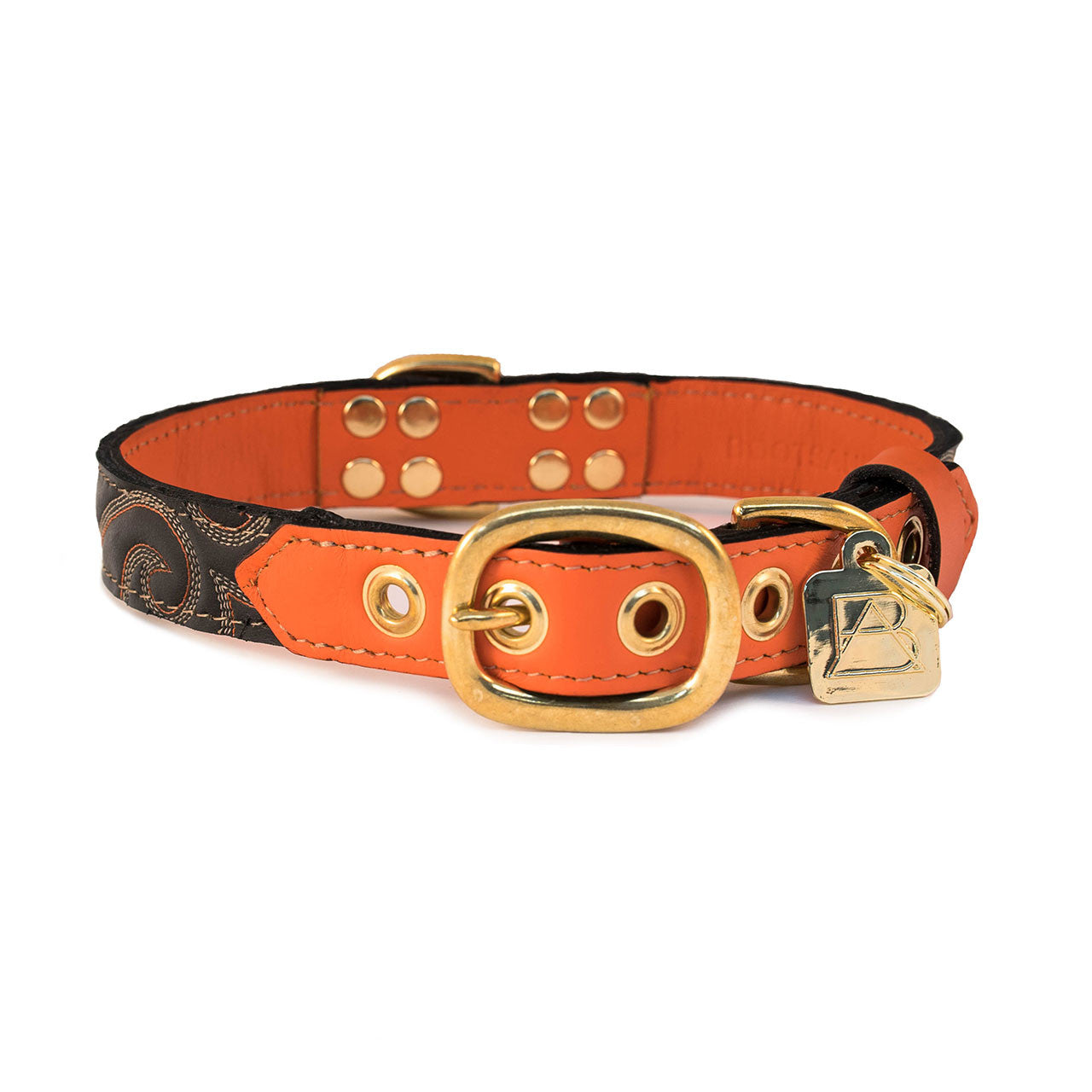 Orange Dog Collar with Dark Chocolate Leather + Orange and Ivory Stitching