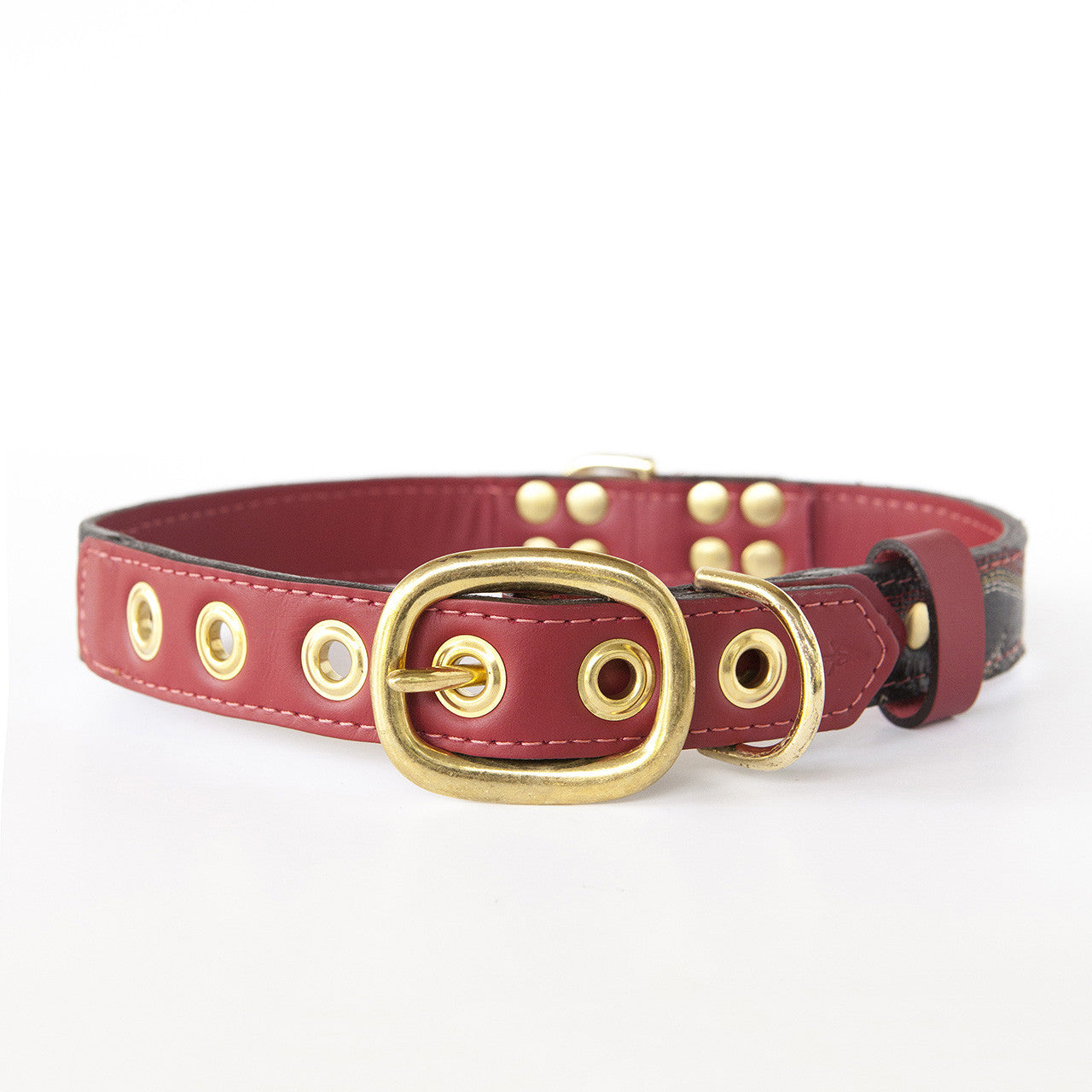 Ruby Red Dog Collar with Black Leather + Multicolored Stitching (back view)