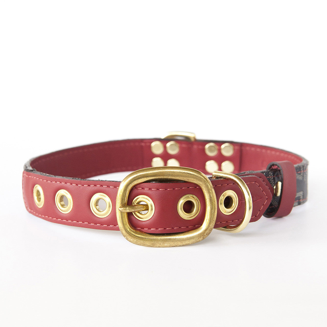 Ruby Red Dog Collar with Navy Leather + Ivory and Gray Stitching (back view)