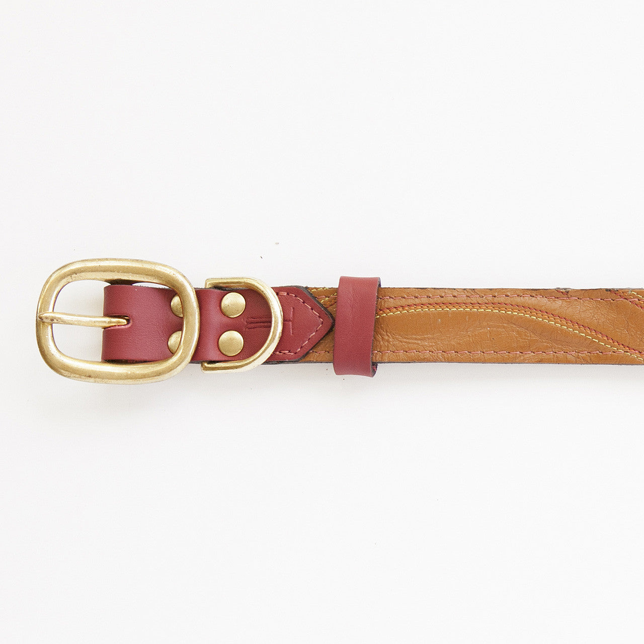 Ruby Red Dog Collar with Brown Leather + Multicolor Stitching (buckle)