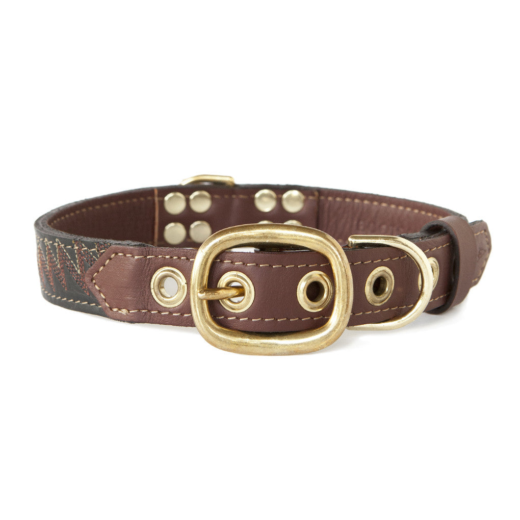 Mahogany Brown Dog Collar With Deep Maroon Leather + Plum/Ivory Stitching