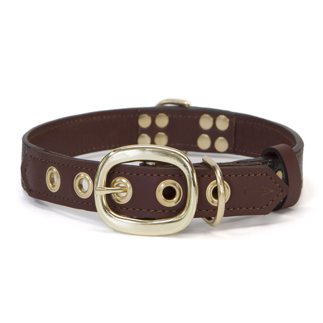 Mahogany Brown Dog Collar with Black Leather + Tan/Light Brown Stitching (back view)