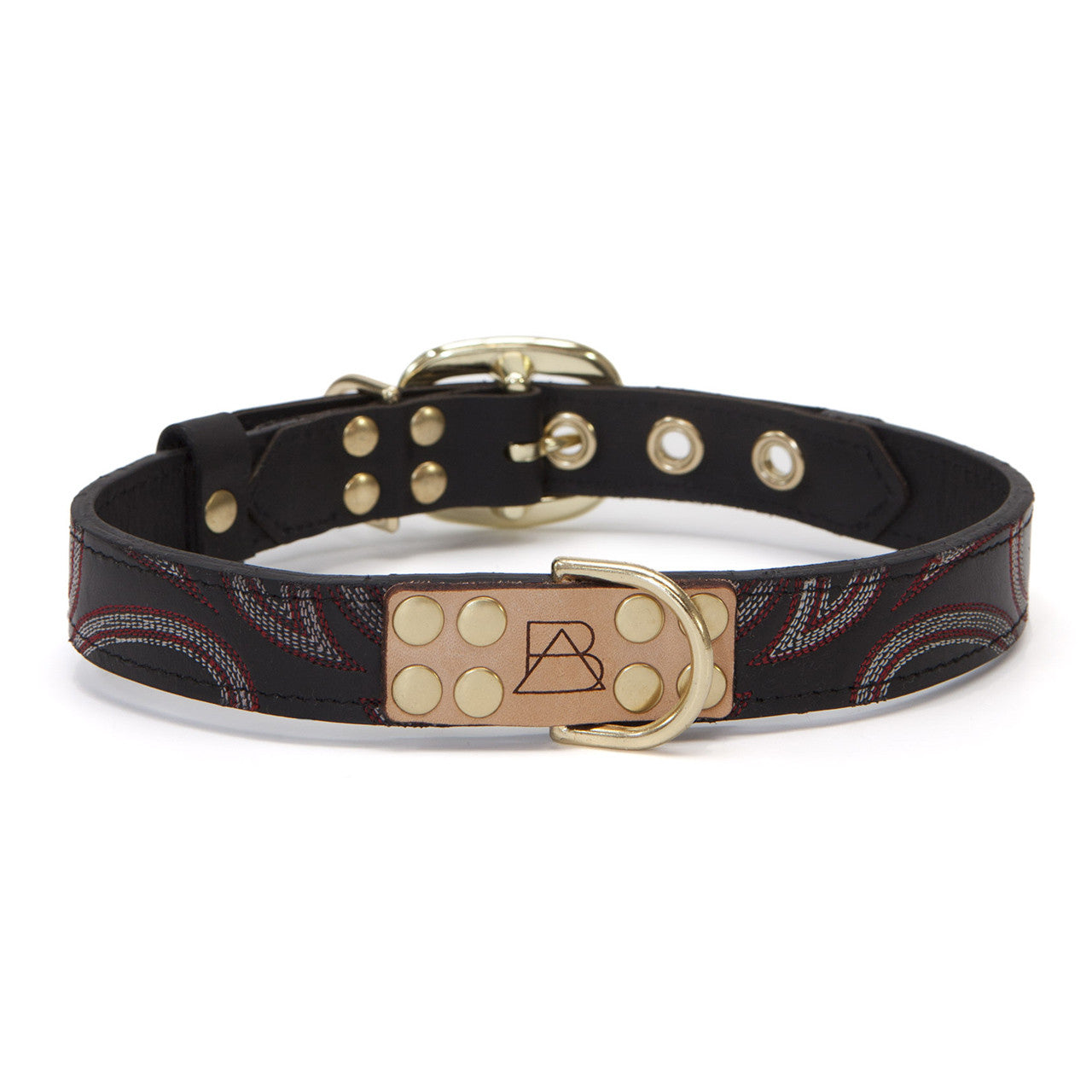 Black Dog Collar with Brown Leather + Black and Ivory Stitching