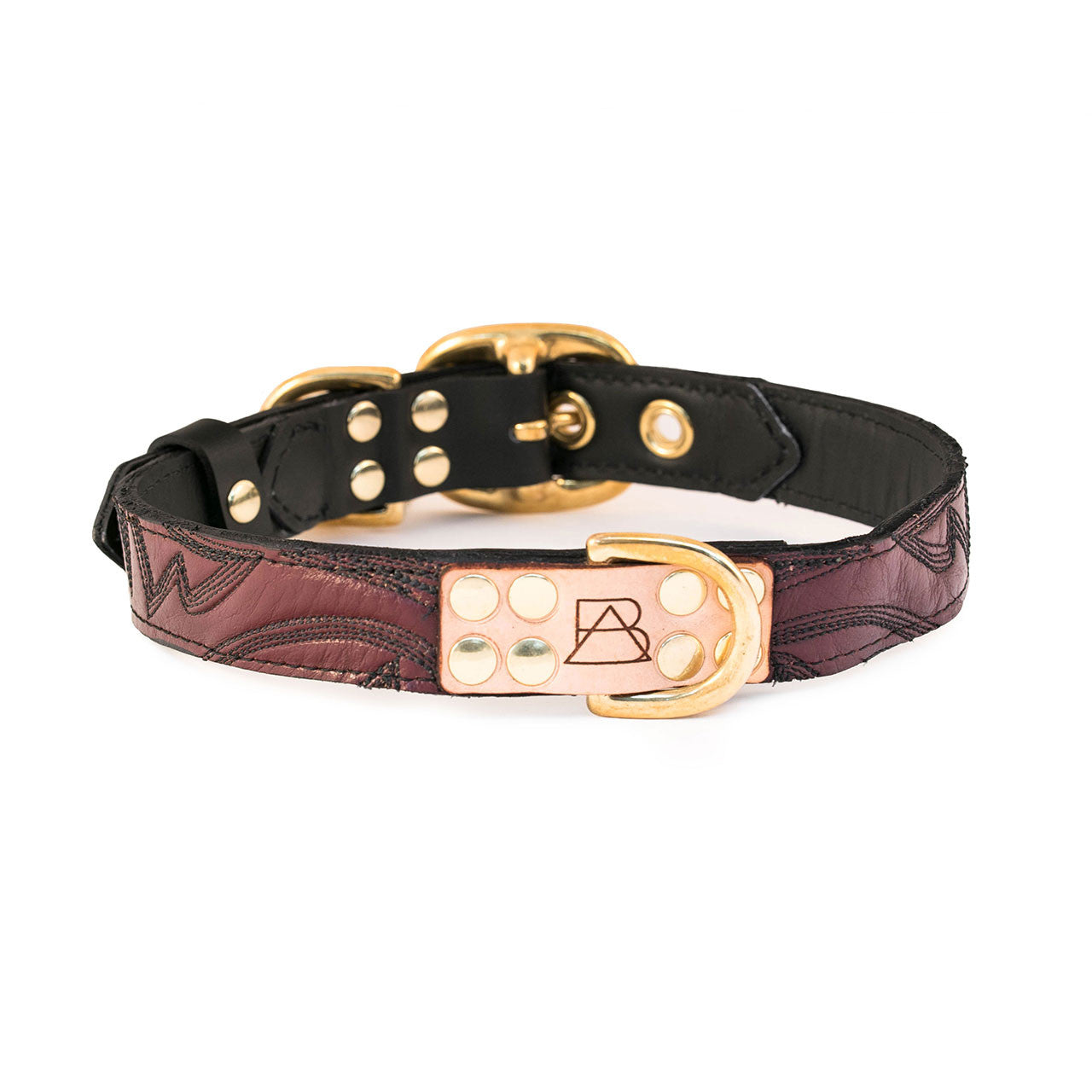Black Dog Collar with Brick Red Leather + Black Stitching