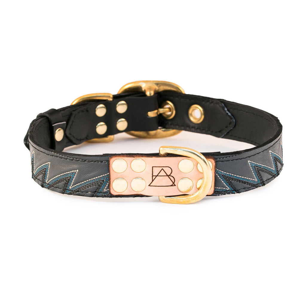 Black Dog Collar with Dark Gray Leather + Black, Blue and Ivory Stitching