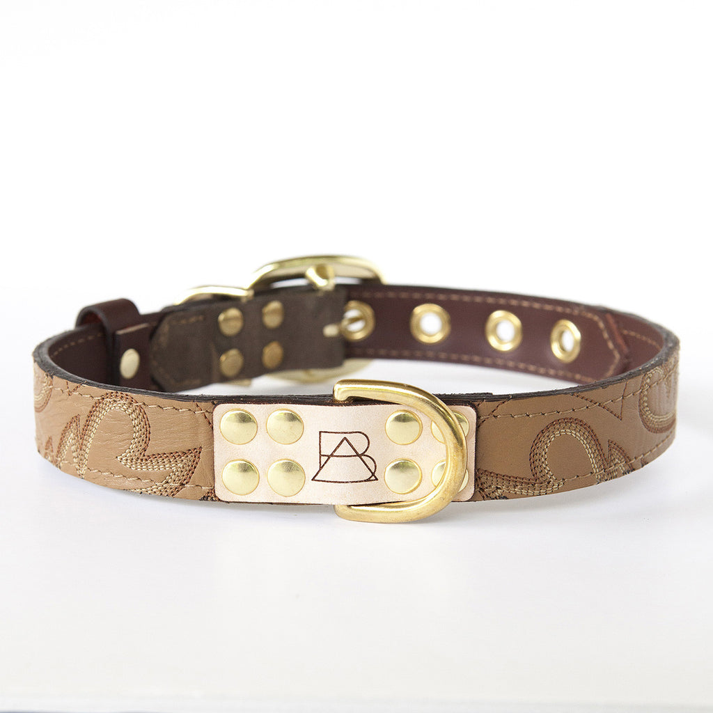 Camo Dog Collar with Tan Leather + Brown and White Stitching (front view)
