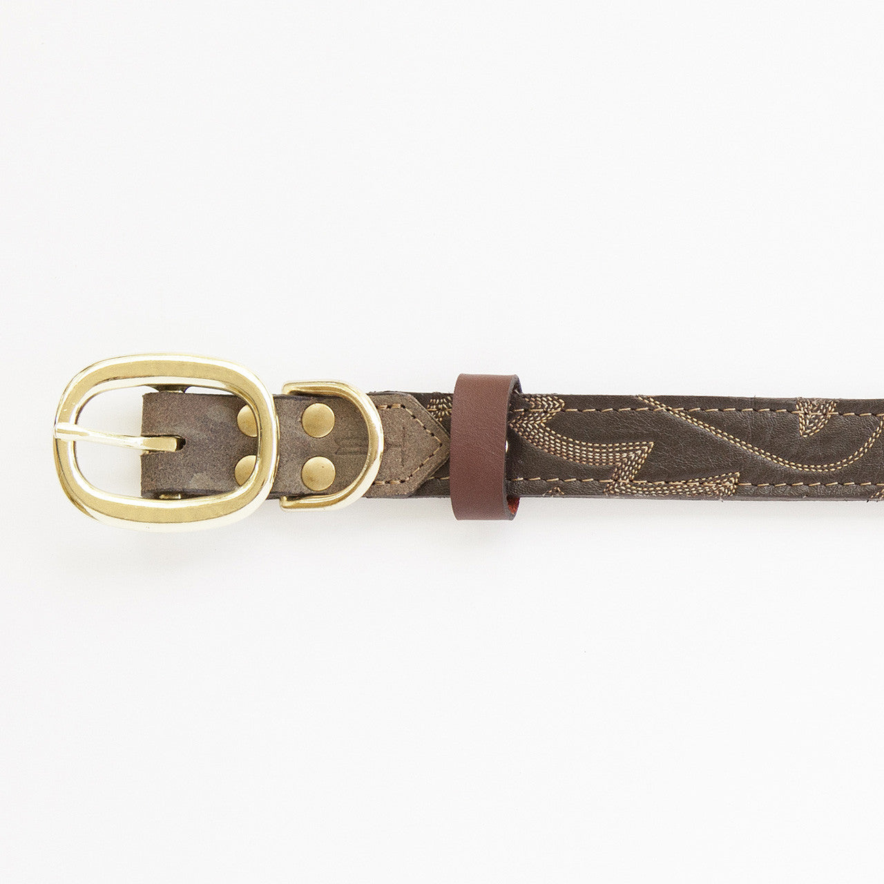 Camo Dog Collar with Dark Brown Leather + Tan and Orange Stitching (buckle)