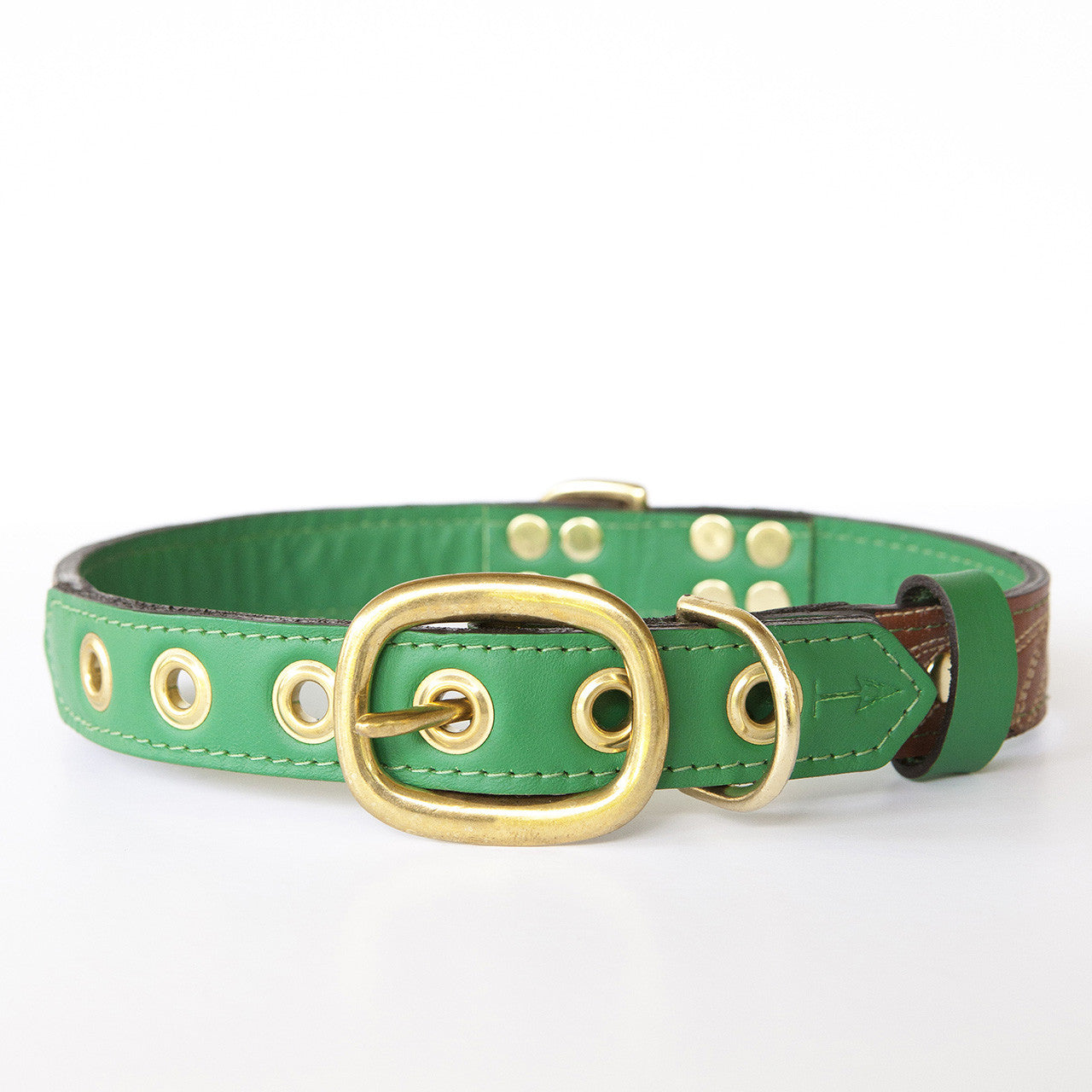 Emerald Green Dog Collar with Brown Leather + Ivory Stitching (back view) 