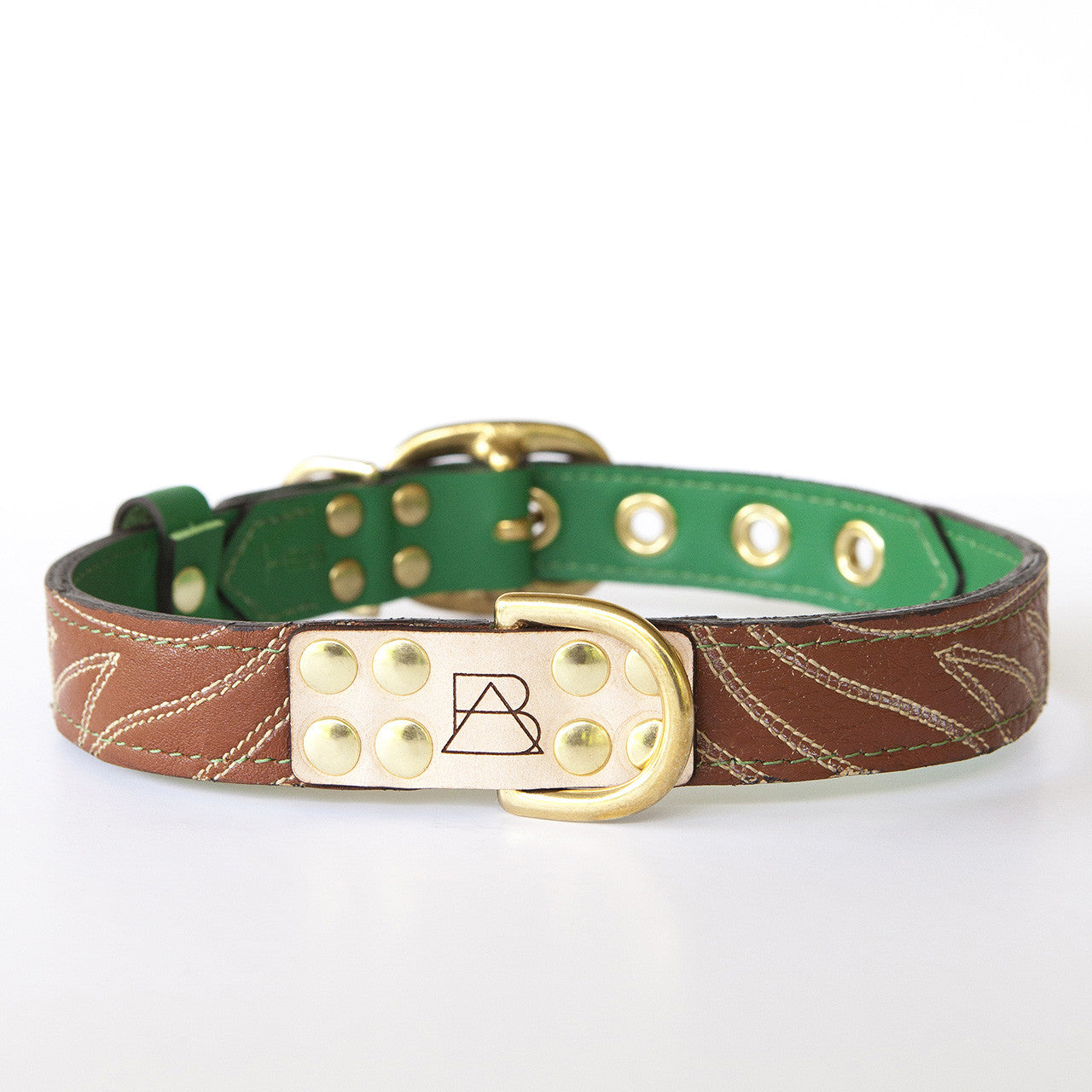 Emerald Green Dog Collar with Brown Leather + Ivory Stitching (front view)