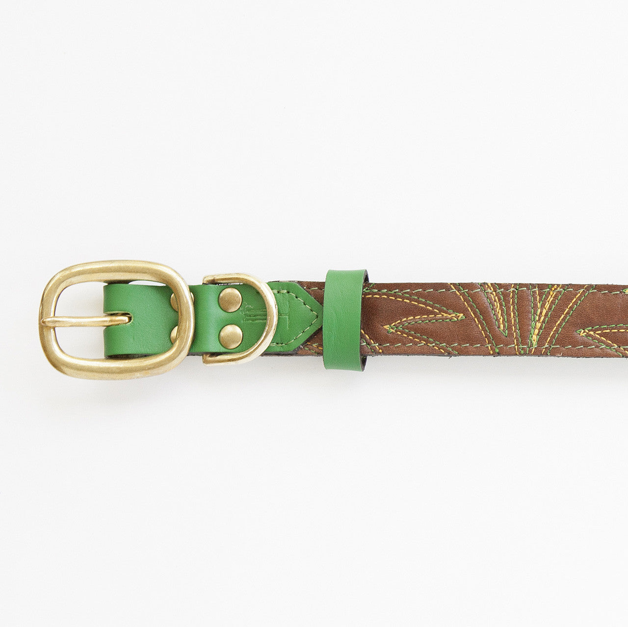 Emerald Green Dog Collar with Chocolate Leather + Green and Yellow Spike Stitching (buckle)