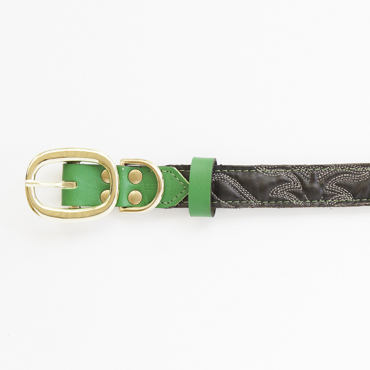 Emerald Green Dog Collar with Black Leather + White Stitching (buckle)