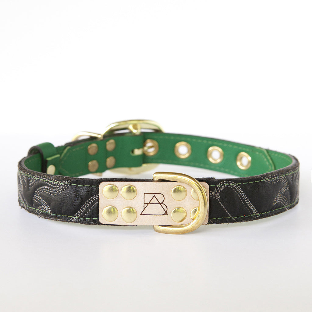 Emerald Green Dog Collar with Black Leather + White Stitching (front view)