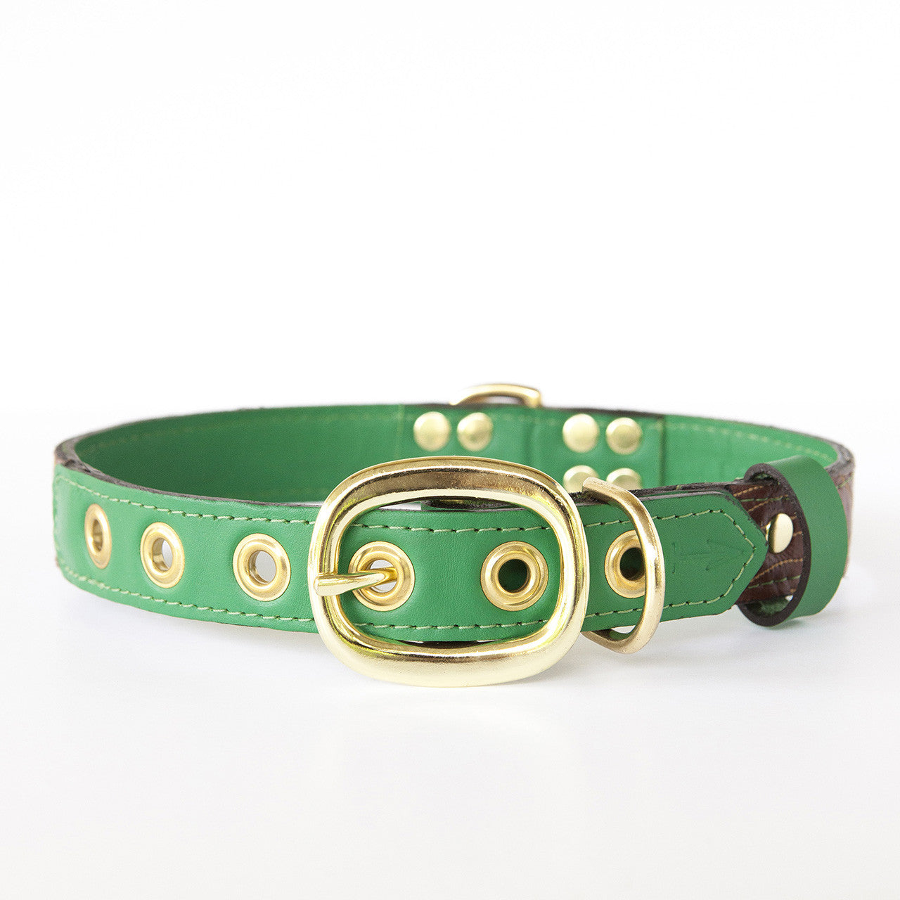 Emerald Green Dog Collar with Brown Leather + Tan Stitching (back view)
