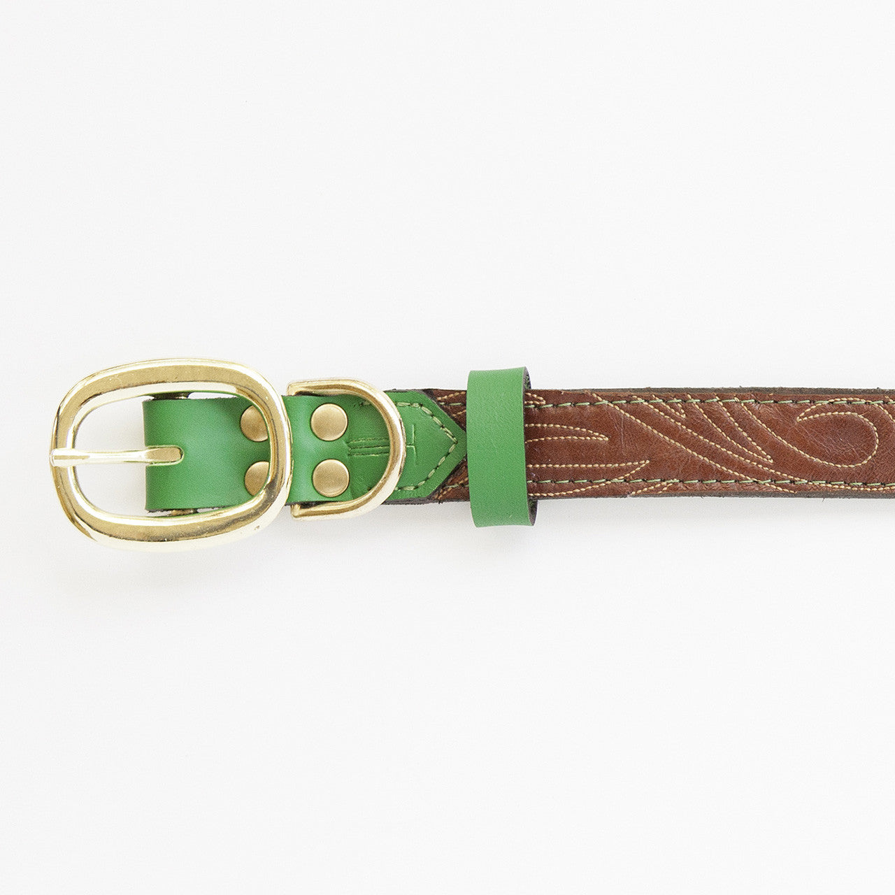 Emerald Green Dog Collar with Brown Leather + Tan Stitching (buckle)