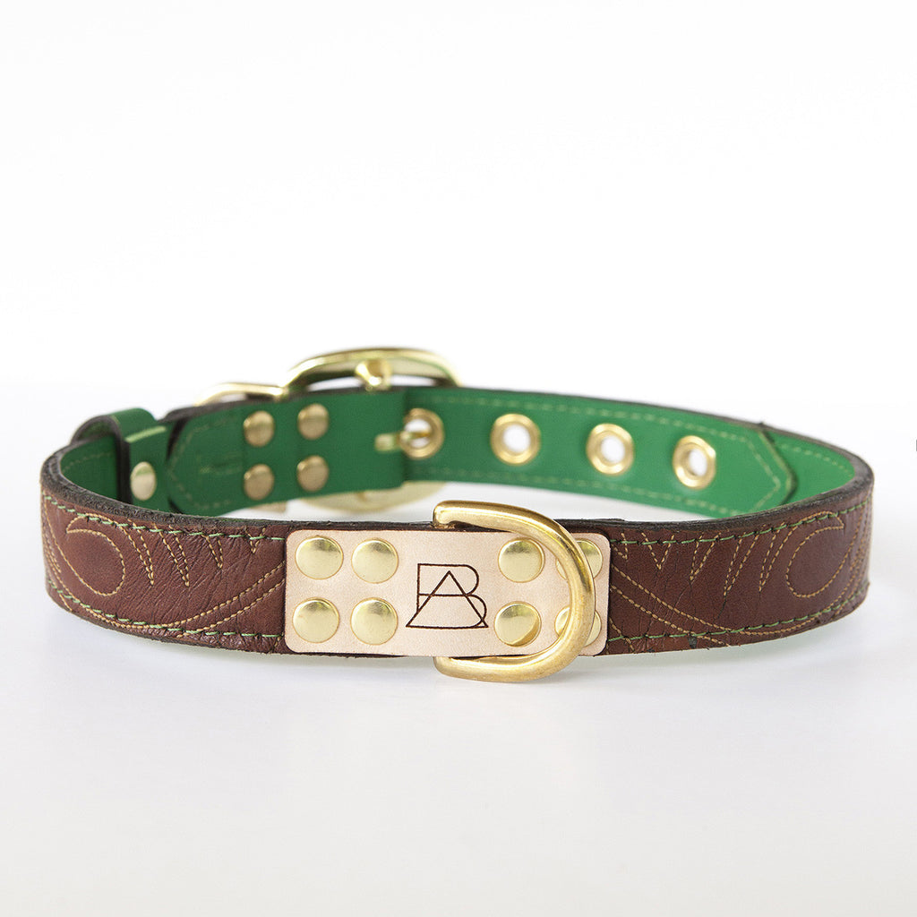 Emerald Green Dog Collar with Brown Leather + Tan Stitching (front view)