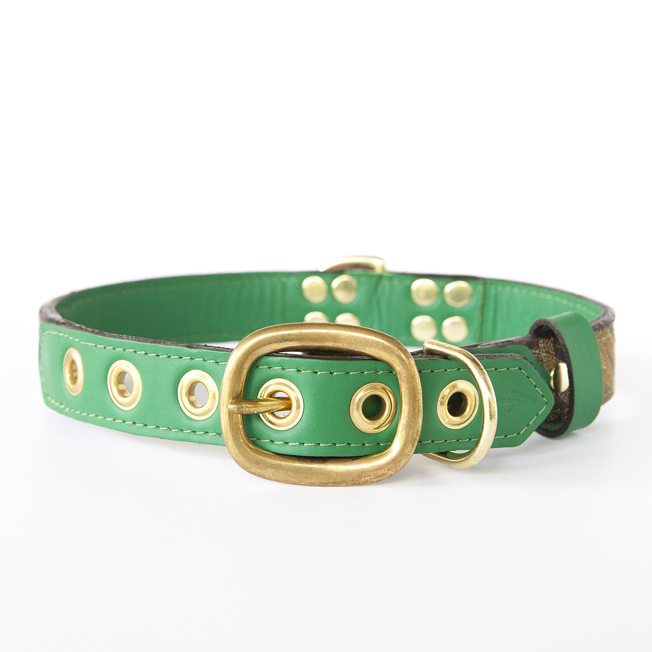 Emerald Green Dog Collar with Dark Brown Leather + Yellow and Tan Stitching (back view)