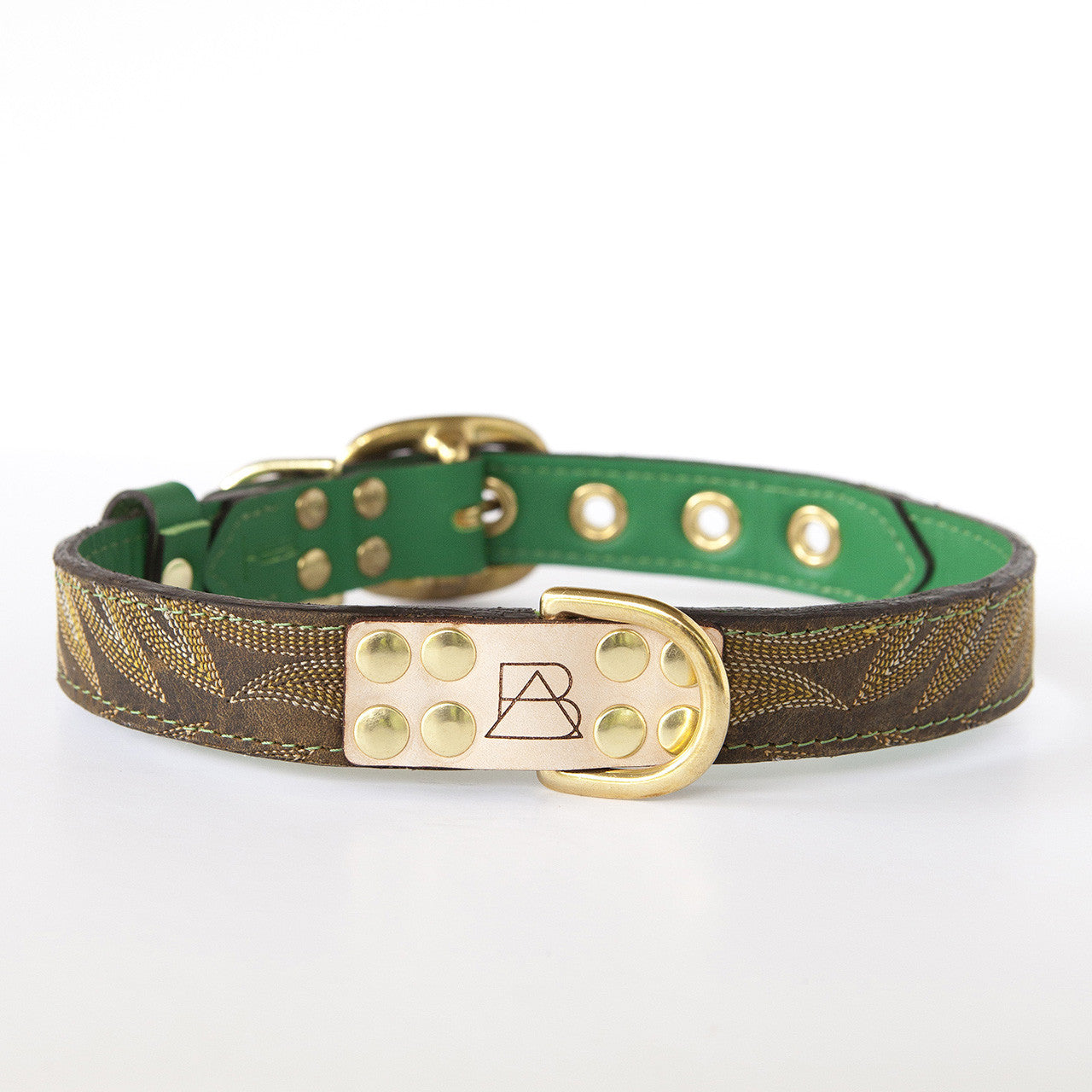 Emerald Green Dog Collar with Dark Brown Leather + Yellow and Tan Stitching (front view)