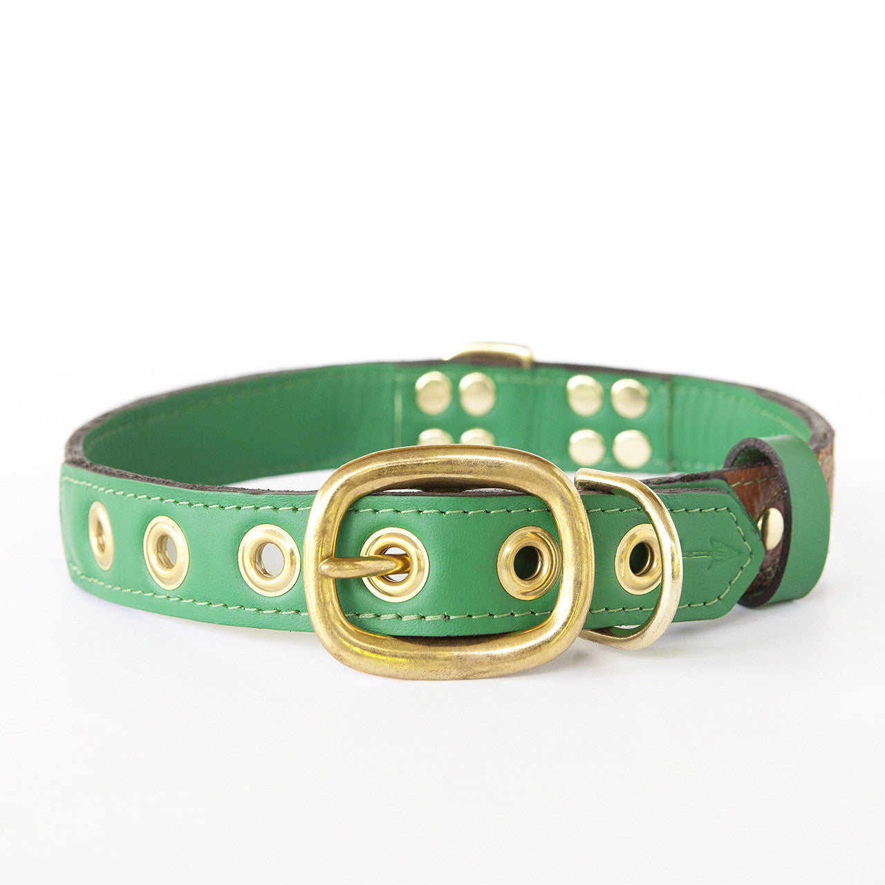 Emerald Green Dog Collar with Brown Leather + Green and Yellow Stitching (back view)