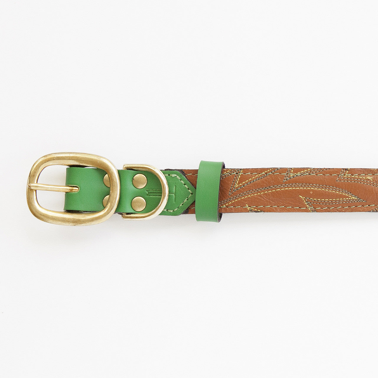 Emerald Green Dog Collar with Brown Leather + Green and Yellow Stitching (buckle)
