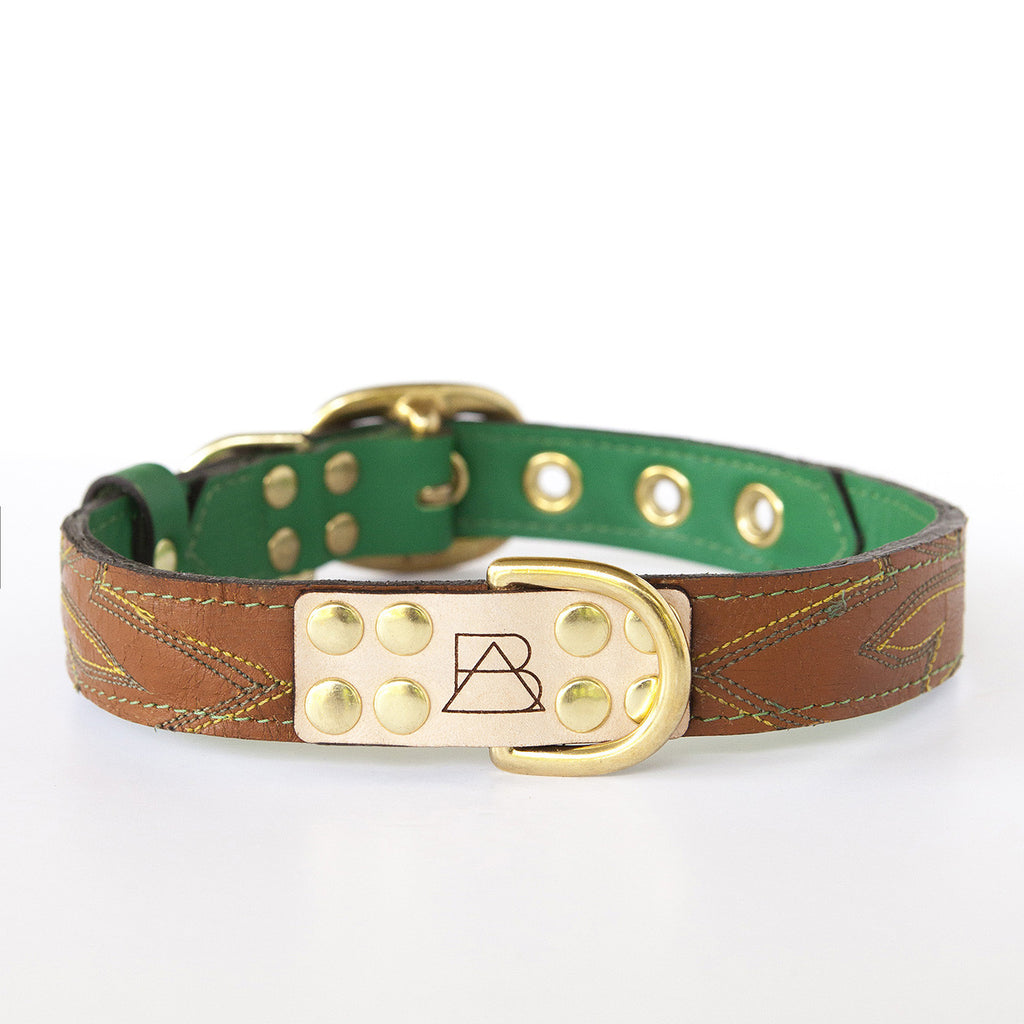 Emerald Green Dog Collar with Brown Leather + Green and Yellow Stitching (front view)