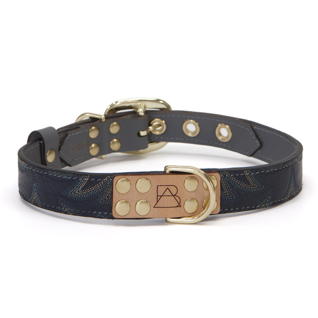 Gray Dog Collar with Navy Leather + Blue Stitching (front view)