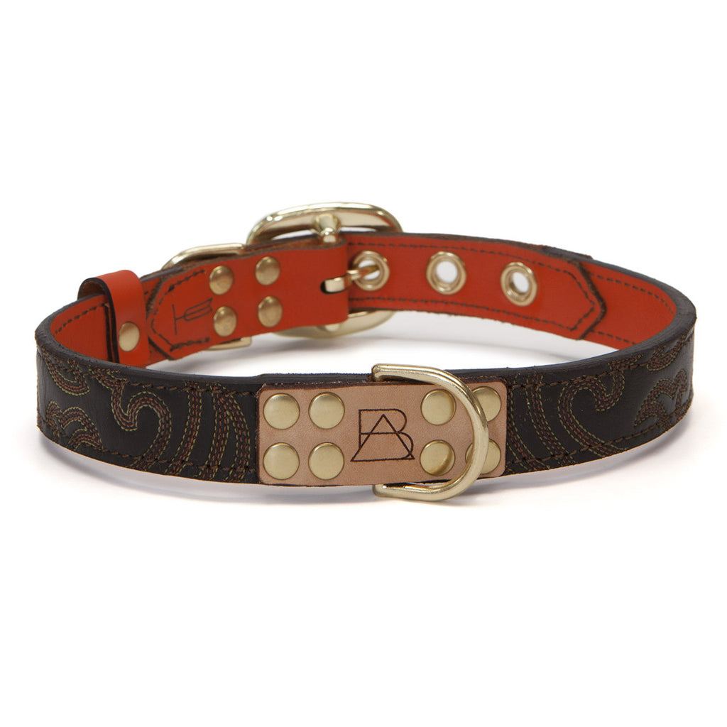 Orange Dog Collar with Dark Brown Leather + Orange Crest Stitching (front view)