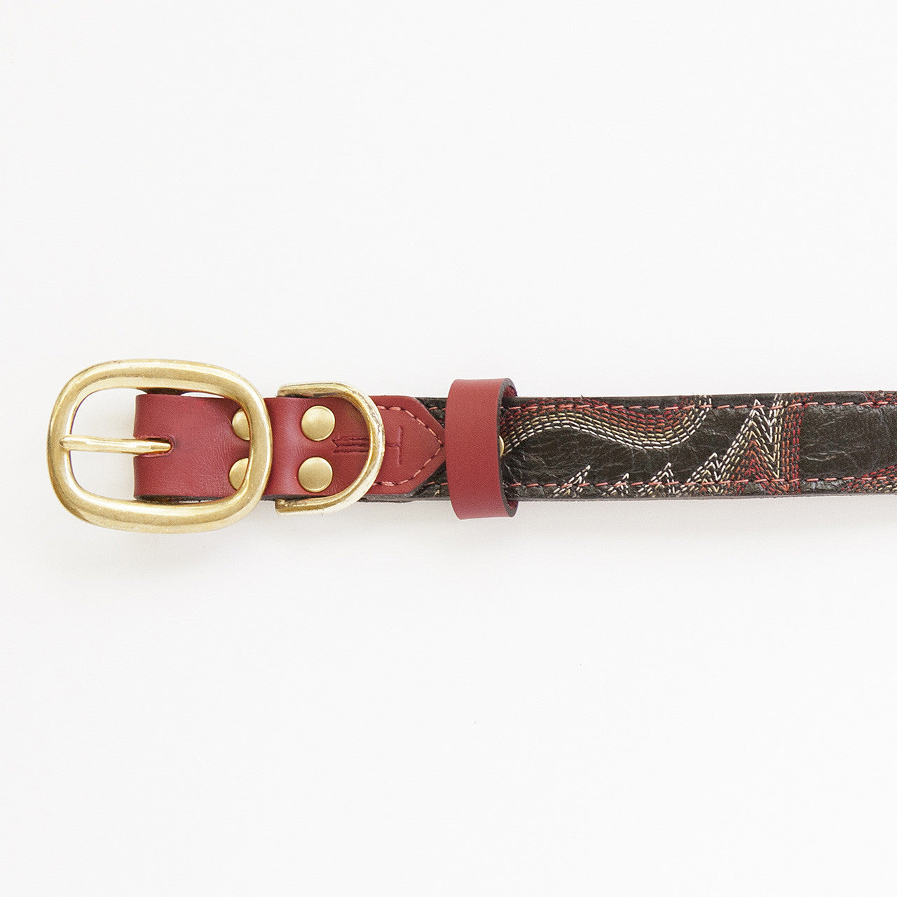 Ruby Red Dog Collar with Black Leather + Multicolored Stitching (buckle)