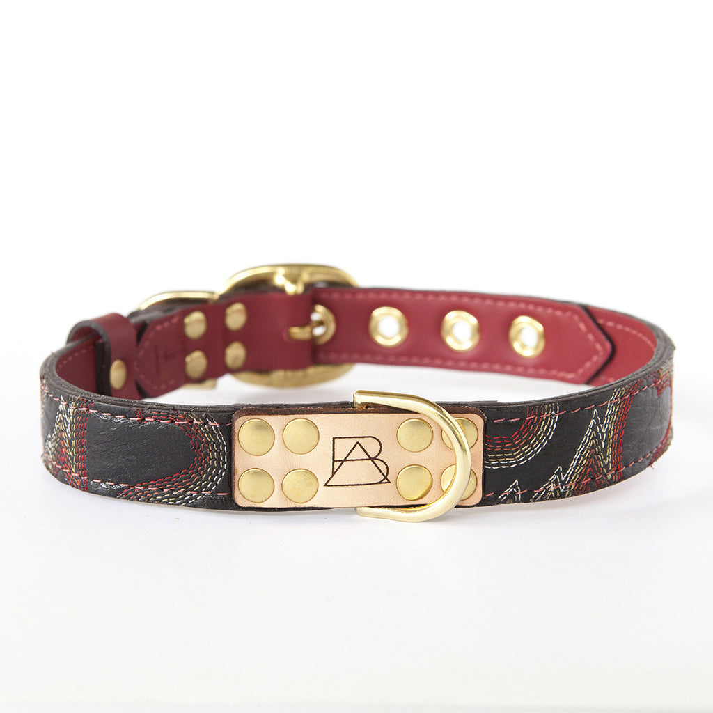 Ruby Red Dog Collar with Black Leather + Multicolored Stitching (front view)