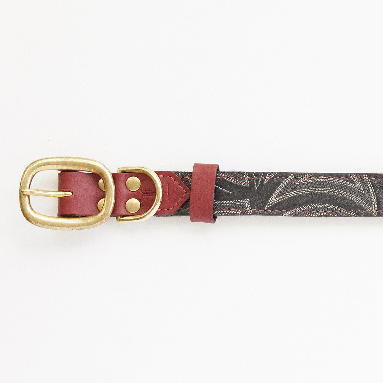 Ruby Red Dog Collar with Navy Leather + Ivory and Gray Stitching (buckle)