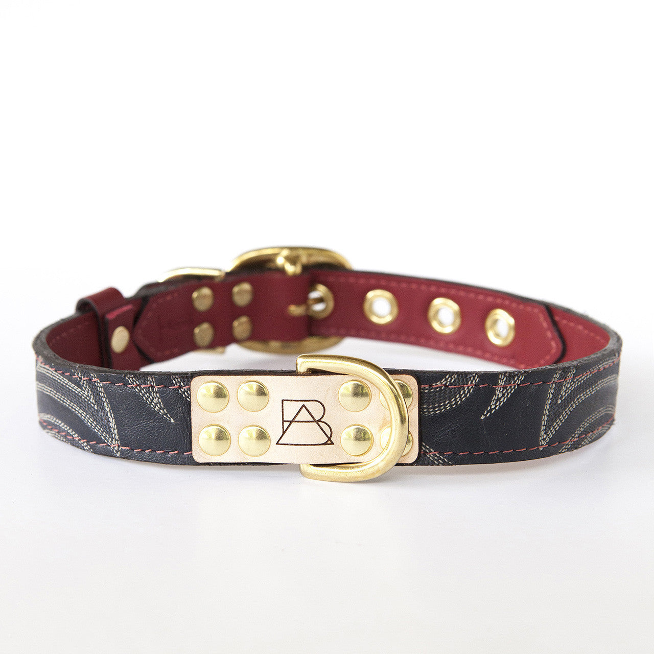 Ruby Red Dog Collar with Navy Leather + Ivory and Gray Stitching (front view)