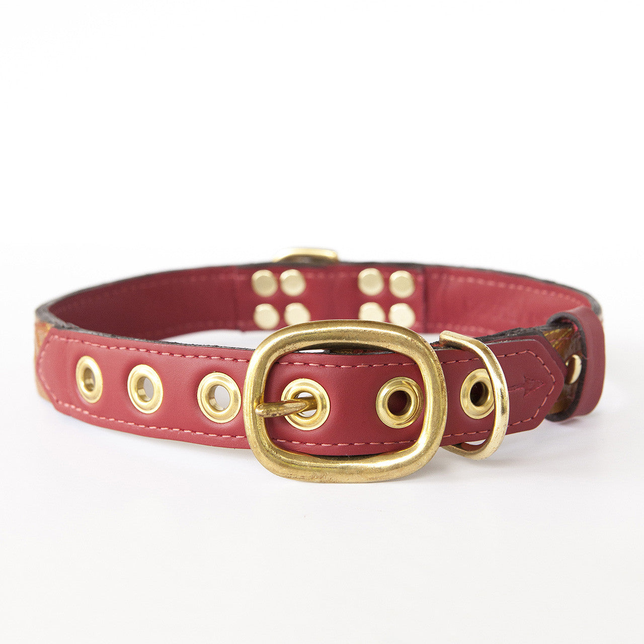 Ruby Red Dog Collar with Brown Leather + Multicolor Stitching (back view)