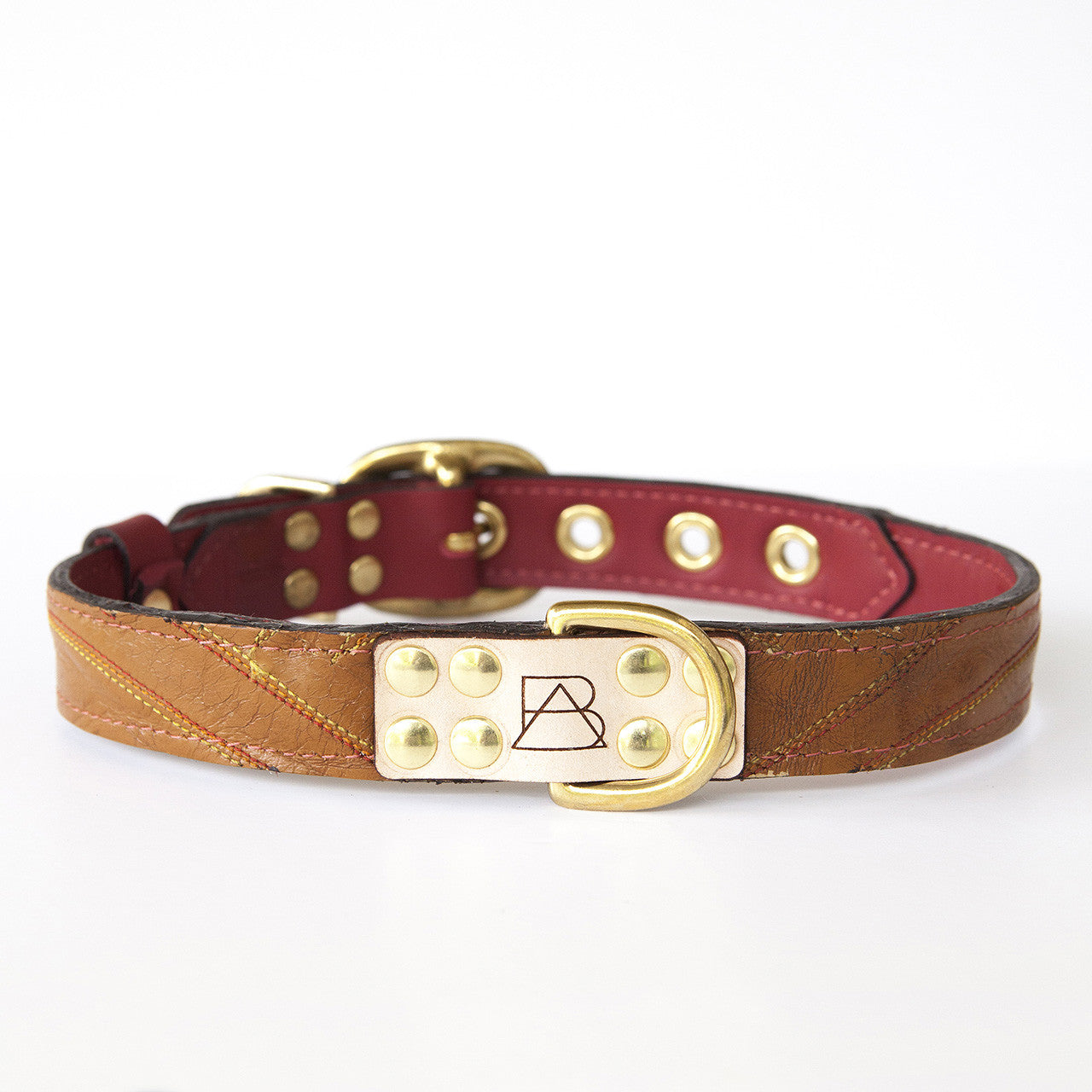Ruby Red Dog Collar with Brown Leather + Multicolor Stitching (front view)