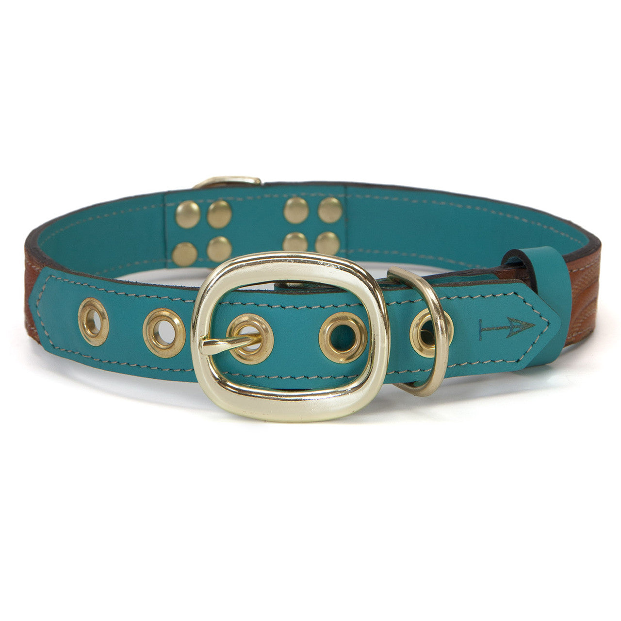 Turquoise Dog Collar with Brown Leather + Tan Stitching (back view)