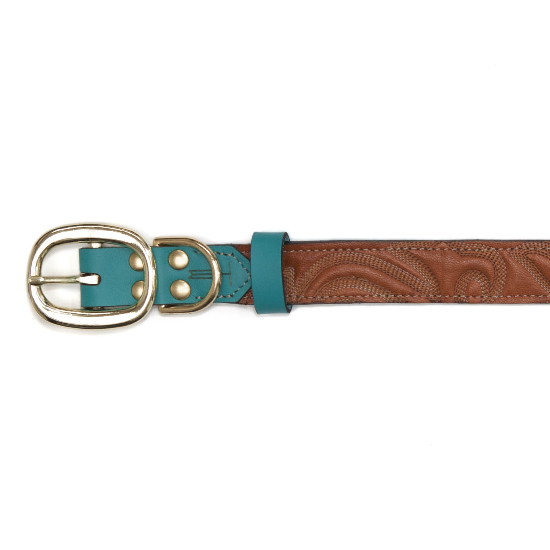 Turquoise Dog Collar with Brown Leather + Tan Stitching (buckle)