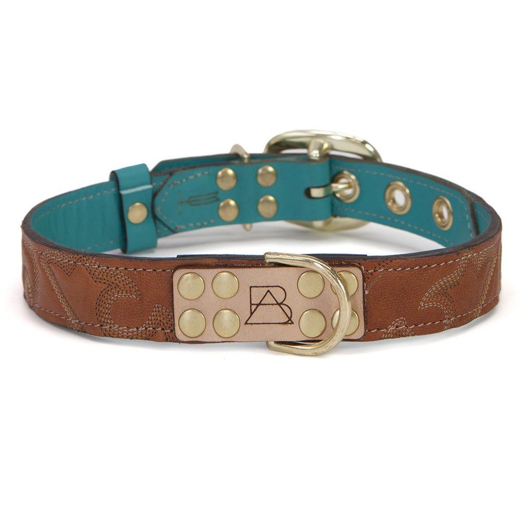 Turquoise Dog Collar with Brown Leather + Tan Stitching (front view)
