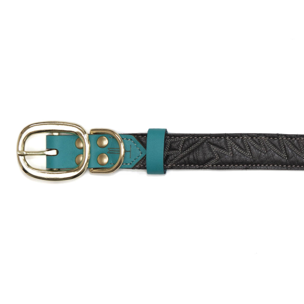 Turquoise Dog Collar with Black Leather + White Spike Stitching (buckle)
