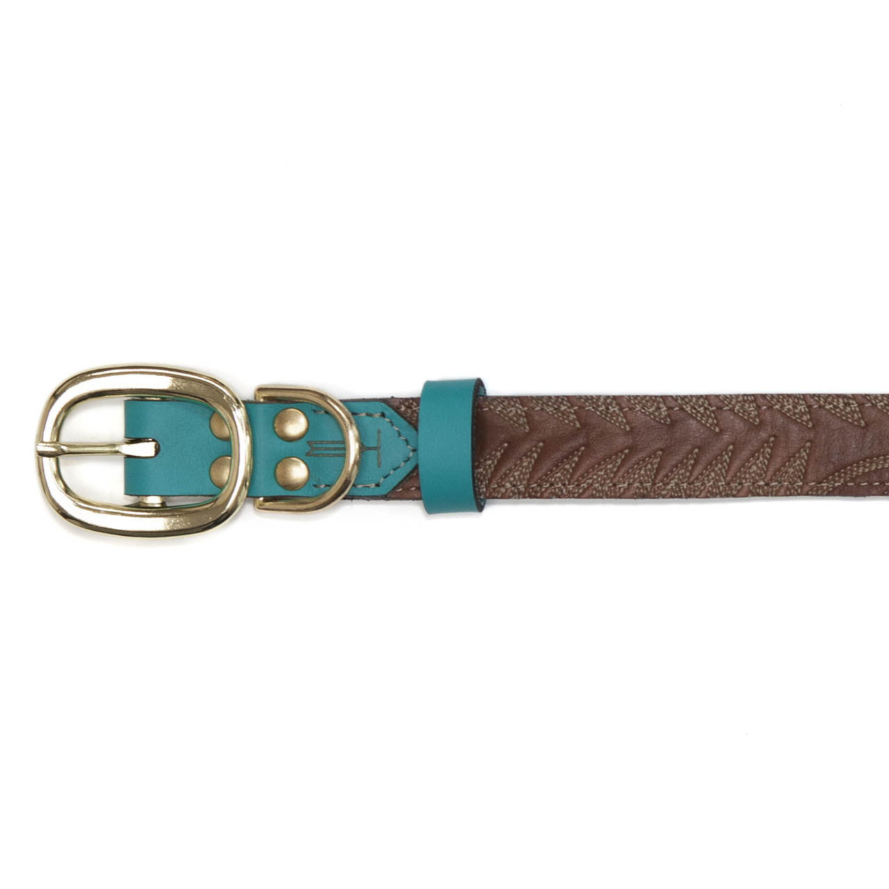 Turquoise Dog Collar with Dark Brown Leather + White Stitching (buckle)