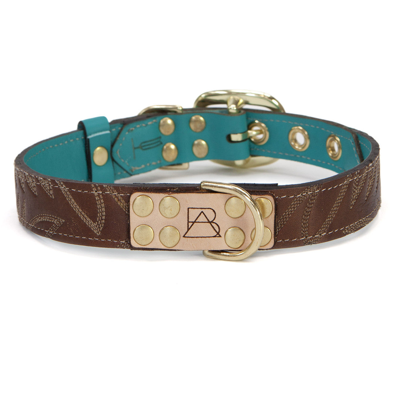 Turquoise Dog Collar with Dark Brown Leather + White Stitching (front view)