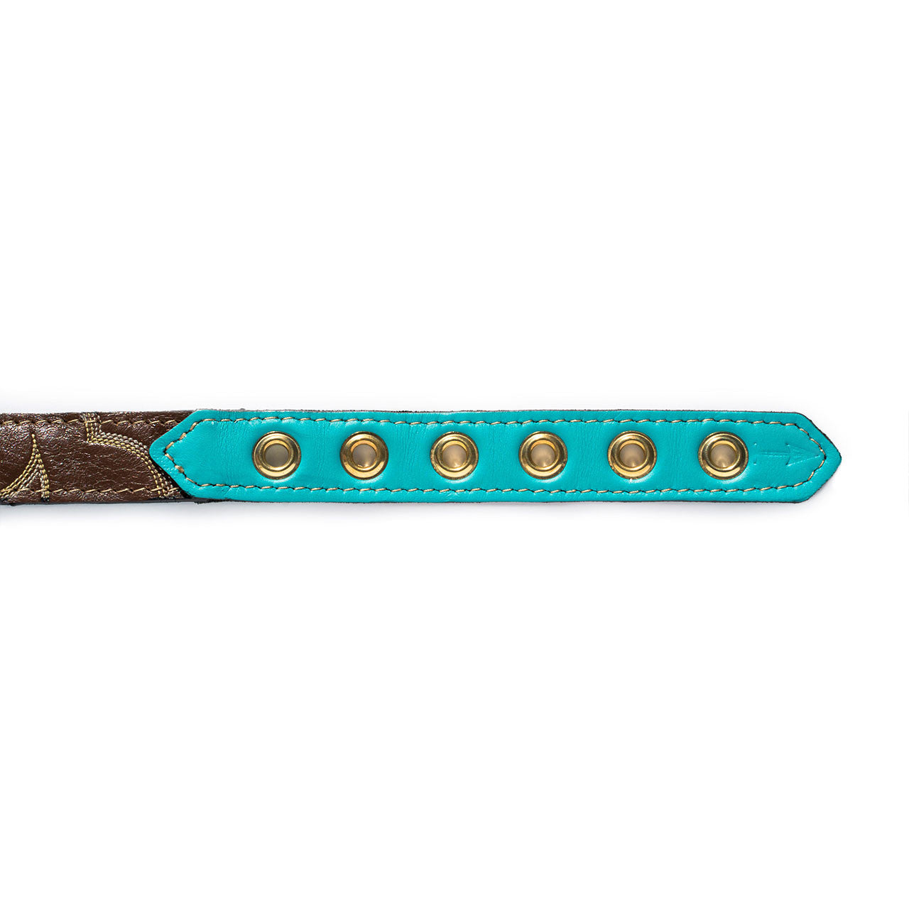 Turquoise Dog Collar with Brown Leather + Yellow/Ivory Stitching