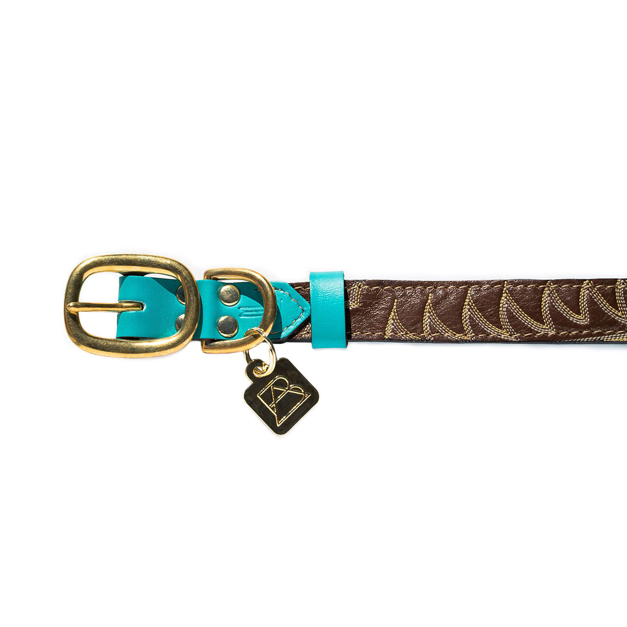 Turquoise Dog Collar with Brown Leather + Yellow/Ivory Stitching