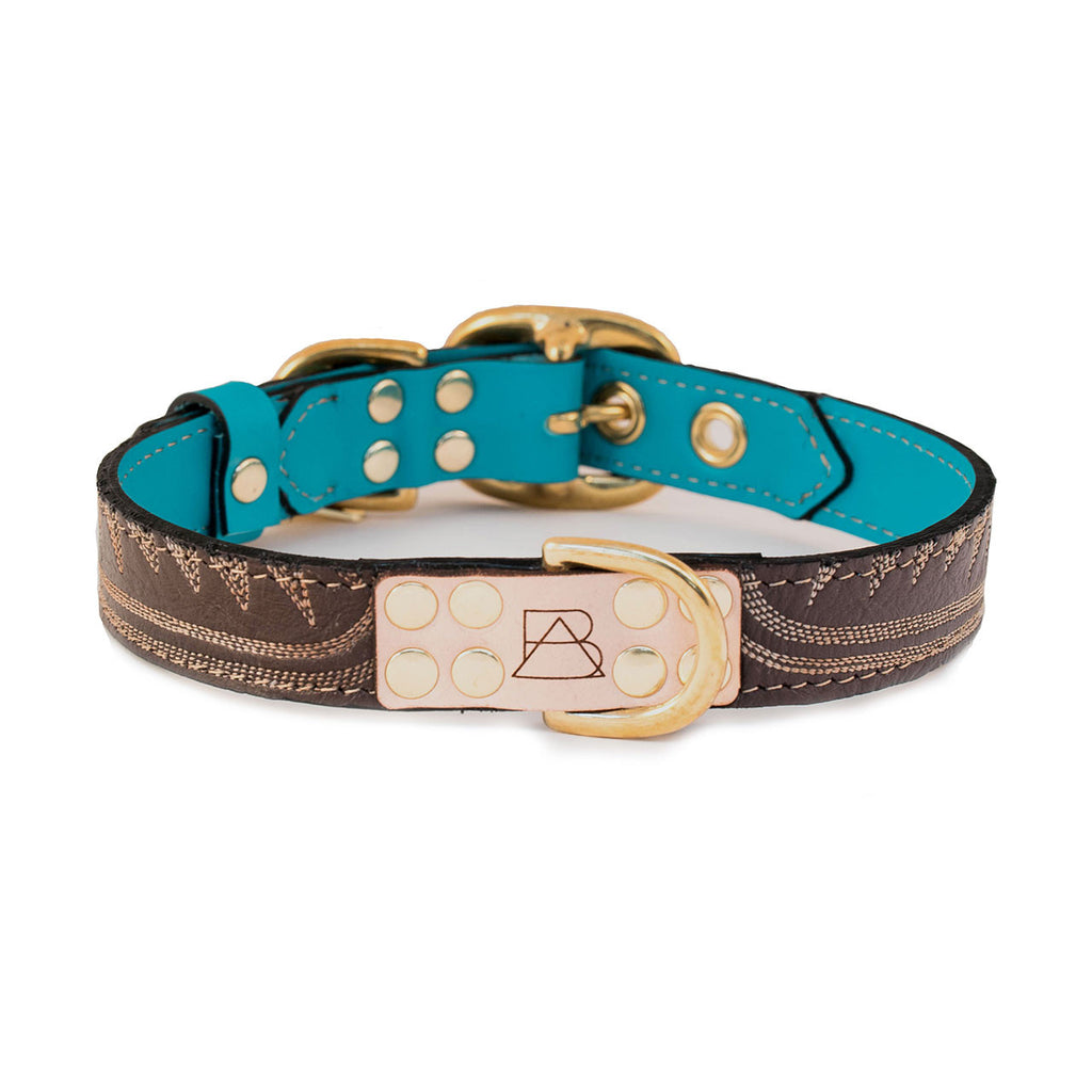 Turquoise Dog Collar with Chocolate Leather + Ivory Stitching