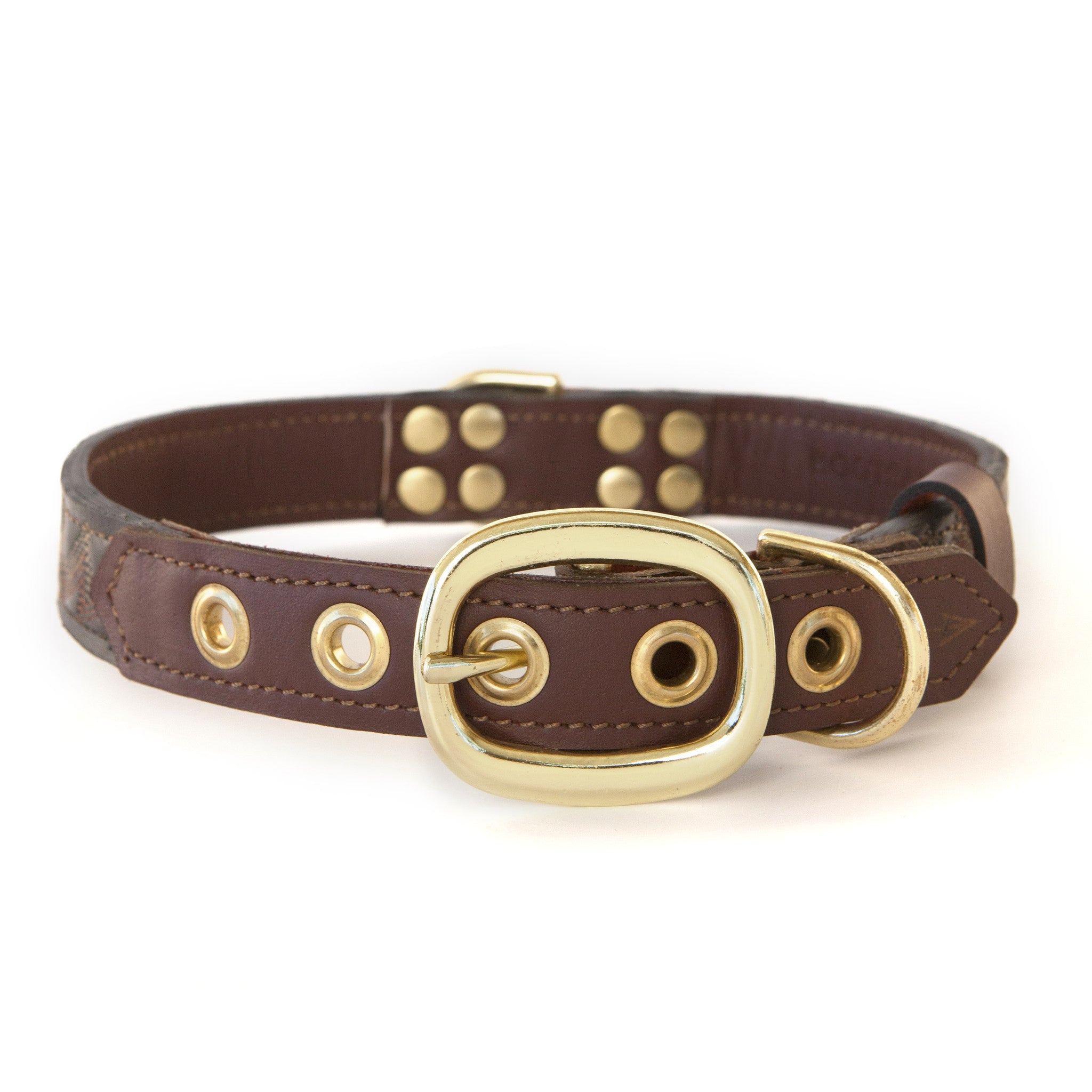 Mahogany Brown Dog Collar with Dark Brown Leather + Tan/Light Rust Stitching (back view)