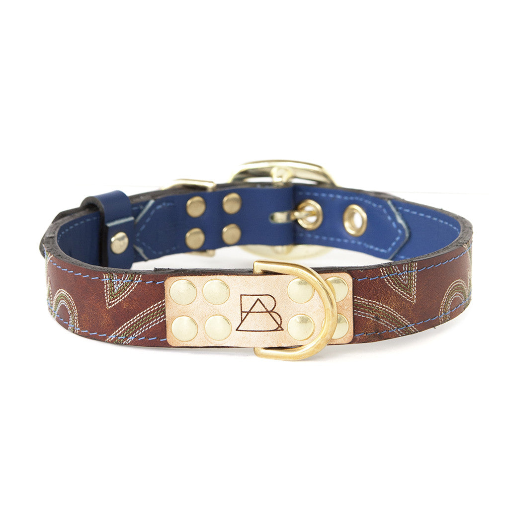 Royal Blue Dog Collar With Maroon Leather + Green And White Stitching
